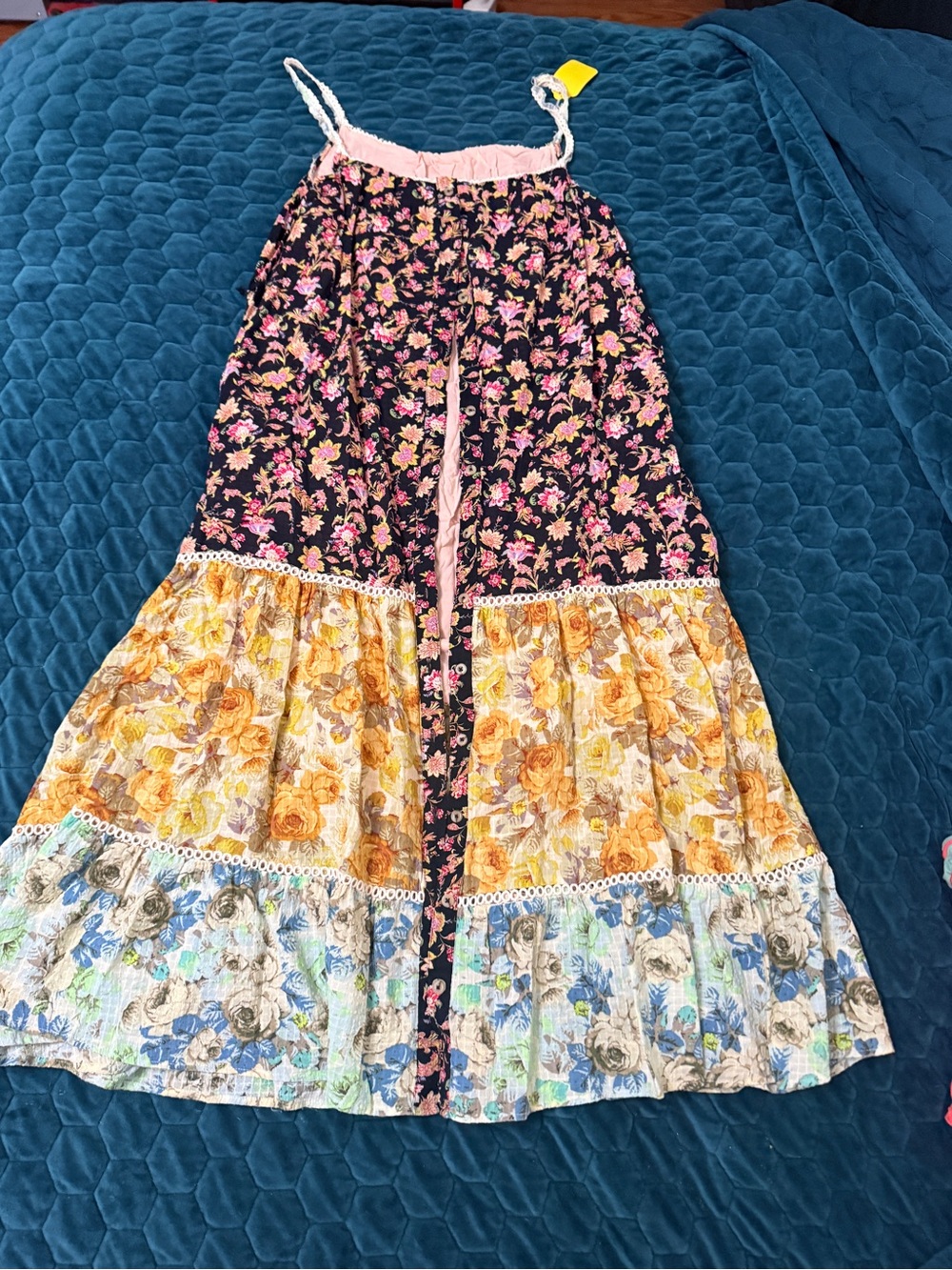 Bohemian Floral Tiered Maxi Skirt in Black, Pink & Yellow Button Down Medium